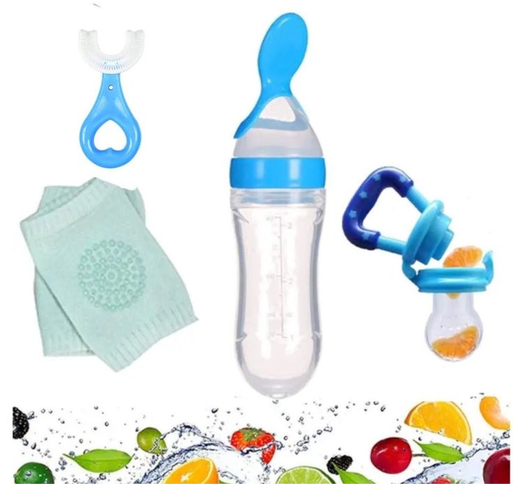 3-in-1 Baby Feeding Set – Silicone Squeeze Spoon Feeder (Pack of 3), Fruit Pacifier & U-Shape Baby Toothbrush