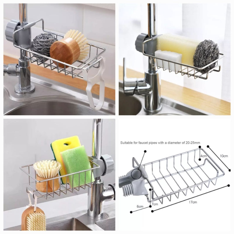 Kitchen Sink Caddy Organizer – Stainless Steel Over Faucet Sponge & Soap Holder